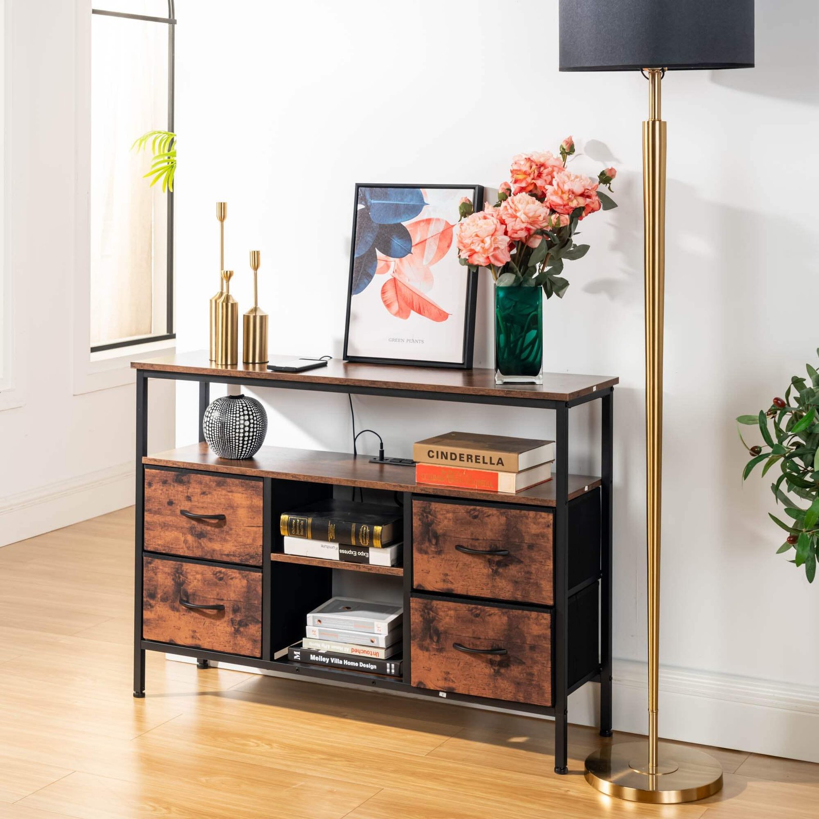Homy Casa Clay 43.3“ Entertainment Center with Charging Station and 4 Drawers