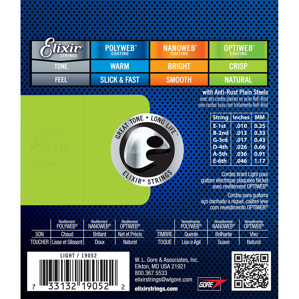 Elixir 19052 OPTIWEB Coating Electric Guitar Strings Light Single Set 10-46