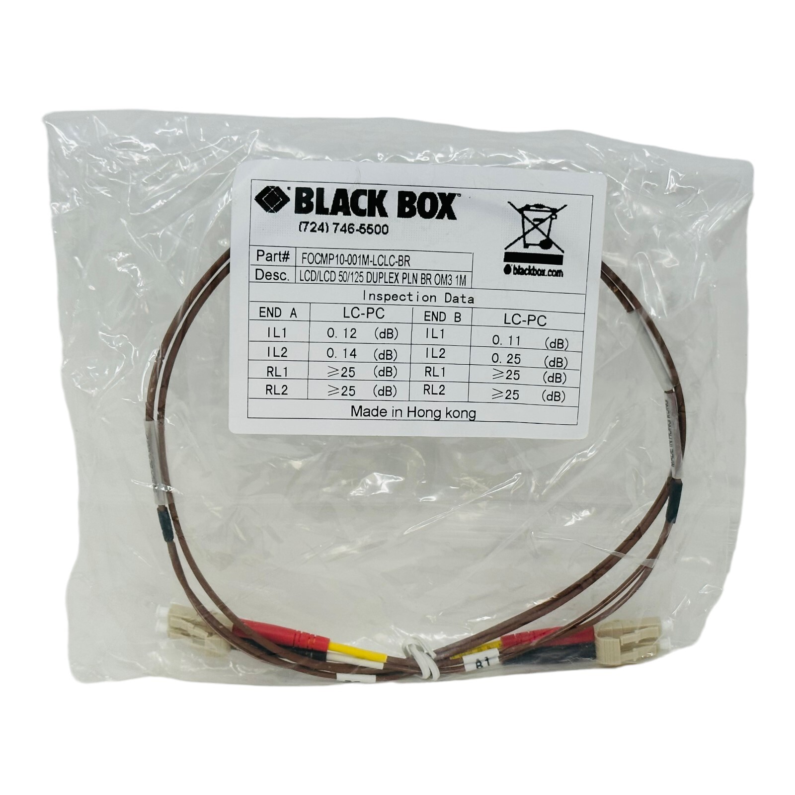 BLACK BOX FOCMP10-001M-LCLC-BR Multimode Fiber Patch Cable LCD/LCD 50/125 NOS 1m
