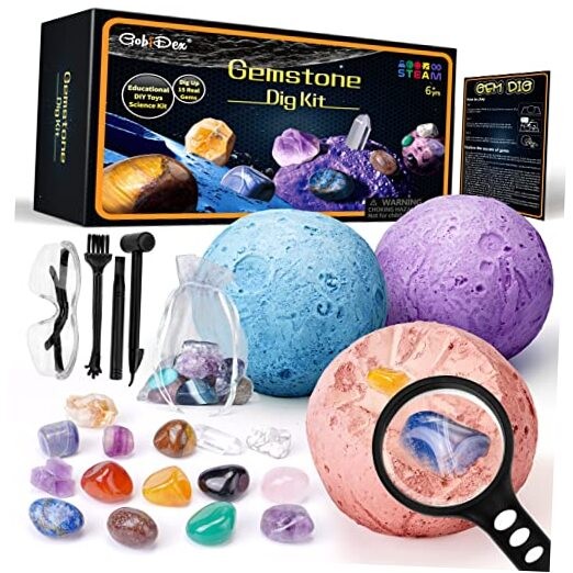 Gemstones Dig Kit, Solar System Science Kit for Kids, Excavate 15 Real Gems,