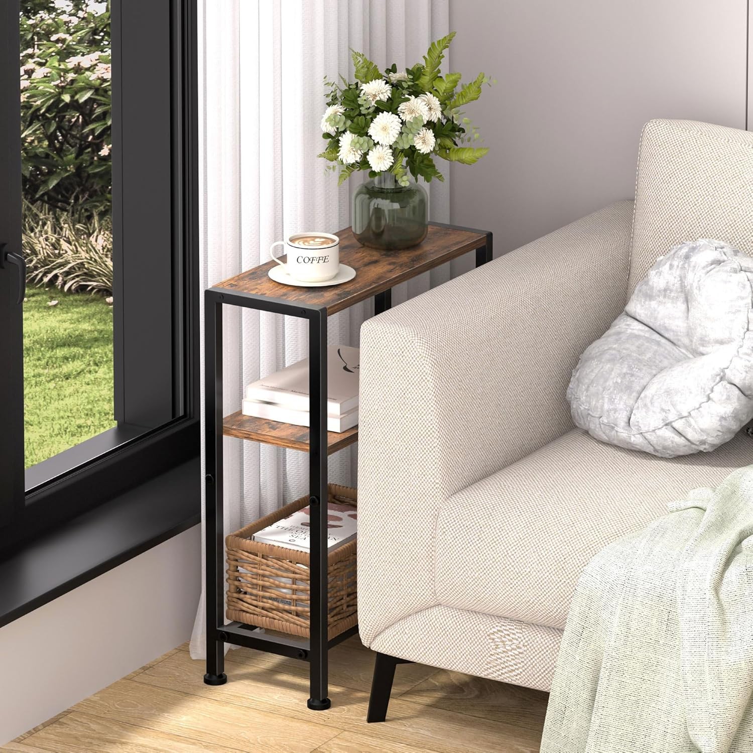 Narrow Side Table Small Space 2-Tier Small End Table W/ Shelf Holder Slim