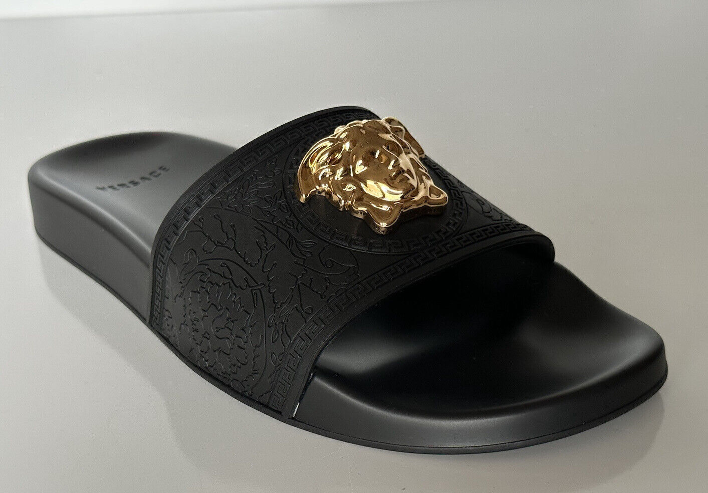 Versace Gold Medusa Head Slides Sandals Black 8 US (38 Euro) Italy NIB $450
