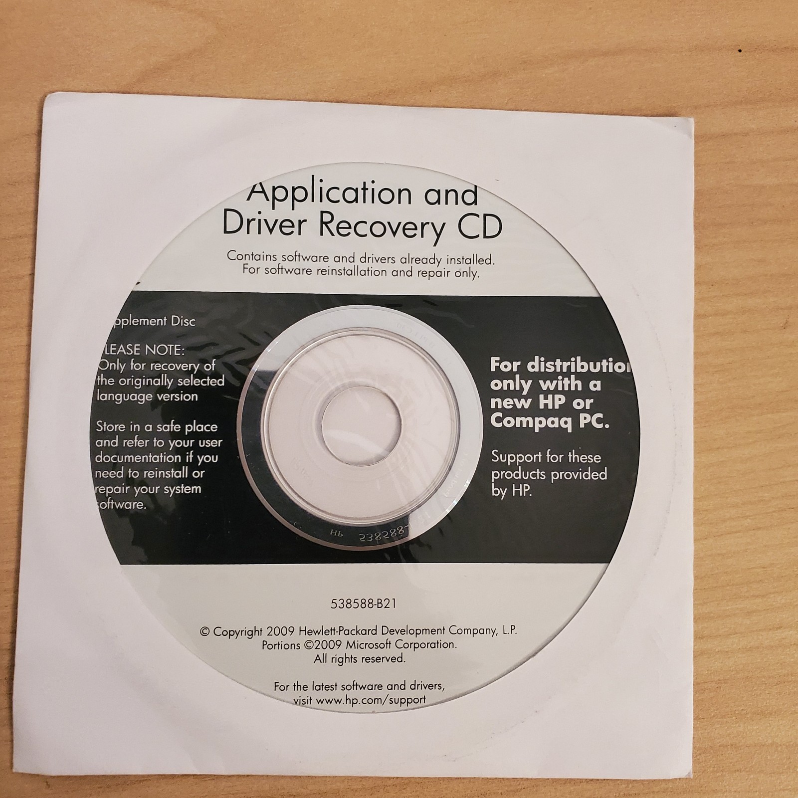 HP Compaq Application and Driver Recovery CD 538588-B21