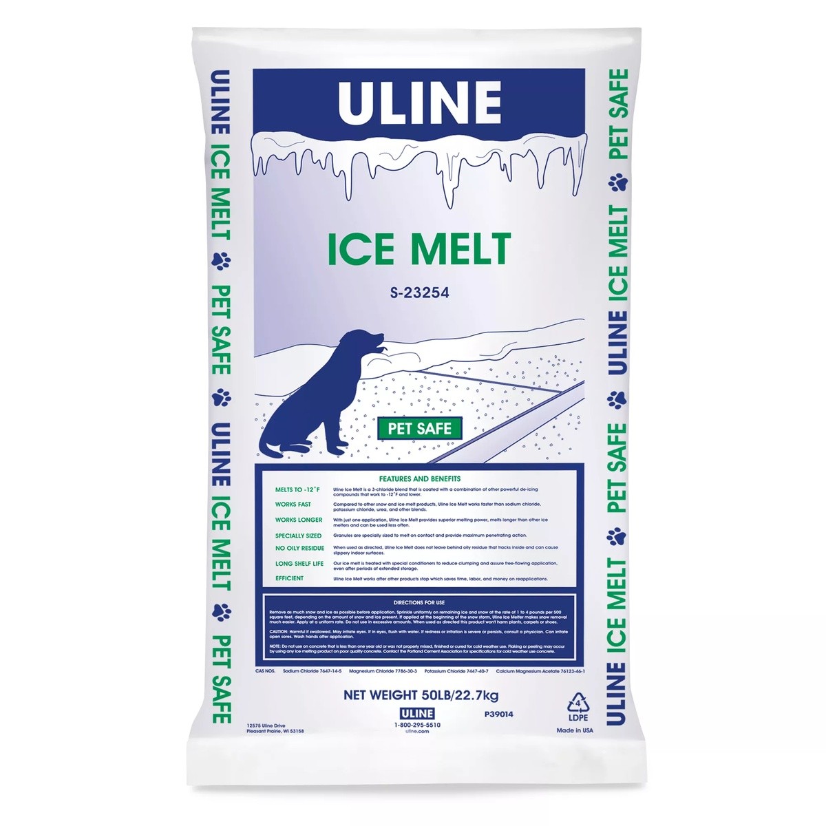 Uline S-23254 Pet Safe Ice Melt Granules Green 50 lb Bag Melts to -12°F