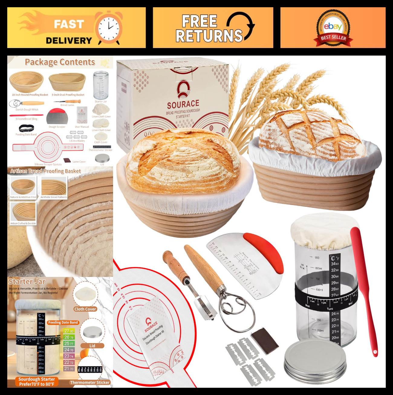 Sourdough Starter Kit - 10" Round & 9" Oval Proofing Baskets, Baking Supplies &