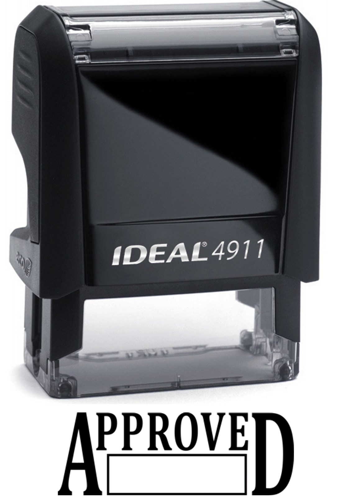 APPROVED text with Date Box on IDEAL 4911 Self-inking Rubber Stamp, BLACK INK