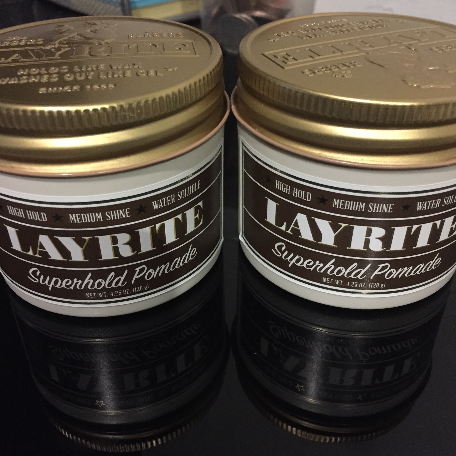 Two(2) new 4.25 oz can jars of Layrite Super Hold Pomade (brown color)