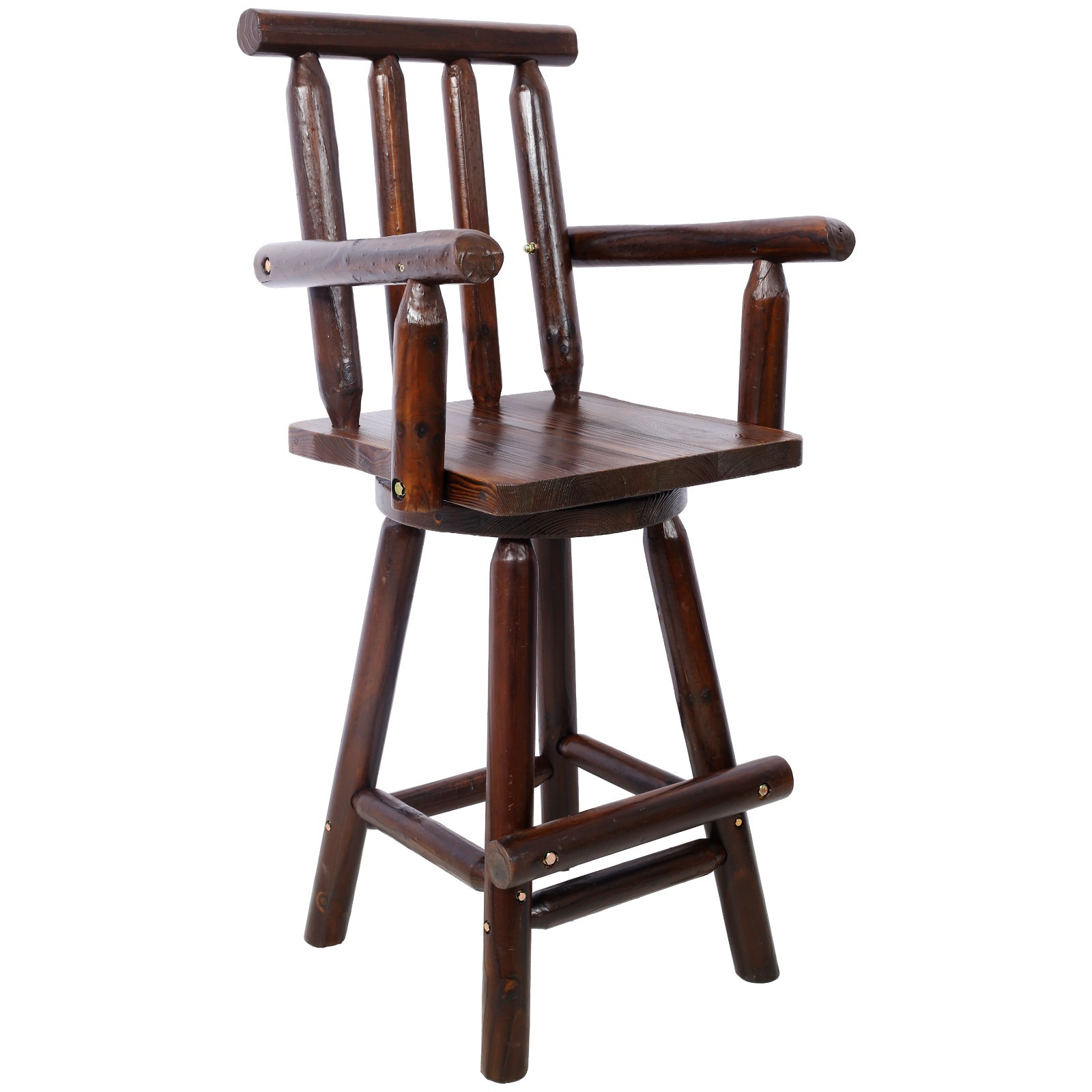 Rustic Fir Wood Bar Stool with Footrest & Wide Armrest, Brown