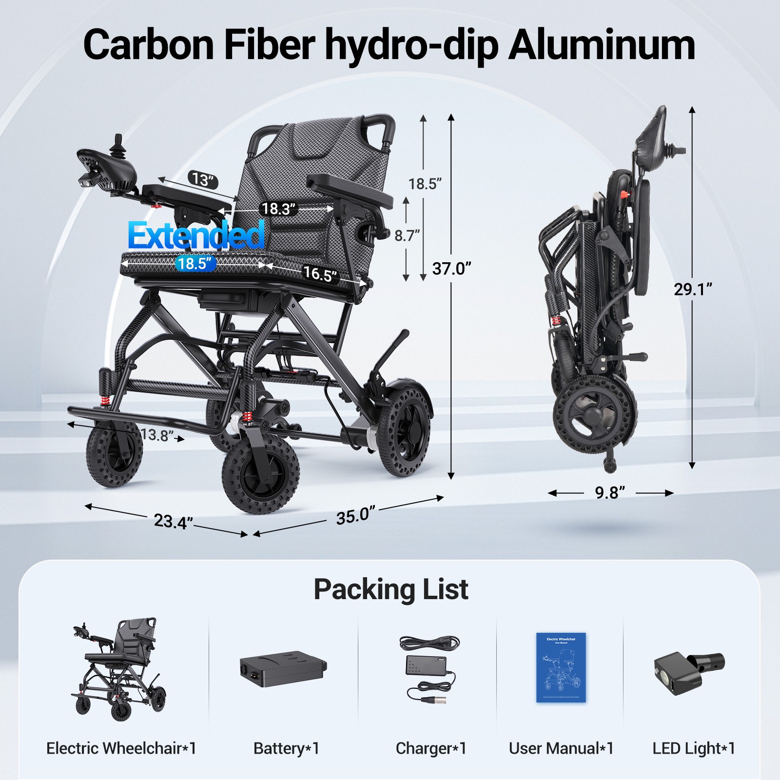 Lightweight Foldable Electric Wheelchair W/ 18.5" Wide Seat Airline Approve