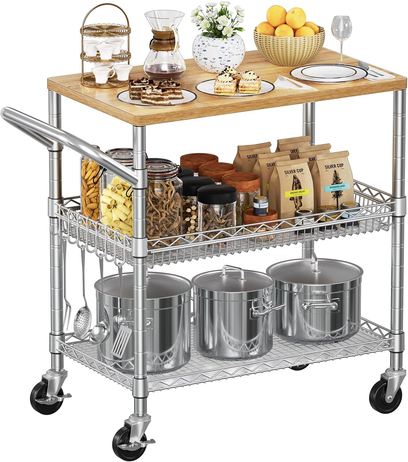 Rolling Kitchen Carts on Wheels, 650Lbs Capacity 3 Tier Utility Cart with Wood T