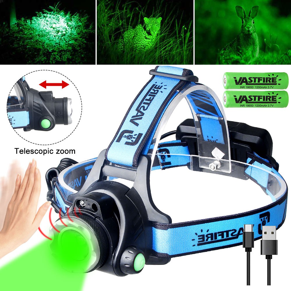 Green LED Headlamp Work Light Sensor USB Type-C Charging Zoom Lamp + Battery US