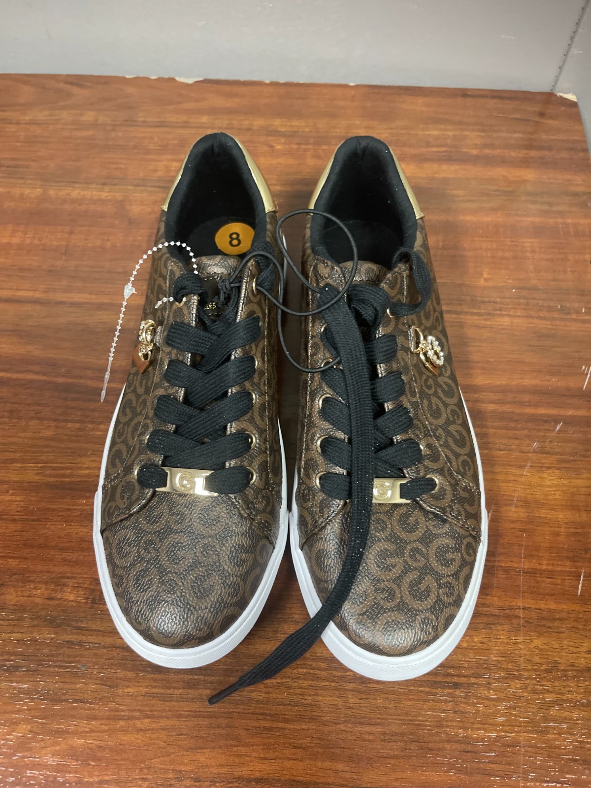 G by Guess Womens Brown Logo Sneakers Gold Heel Accent Lace Up 8
