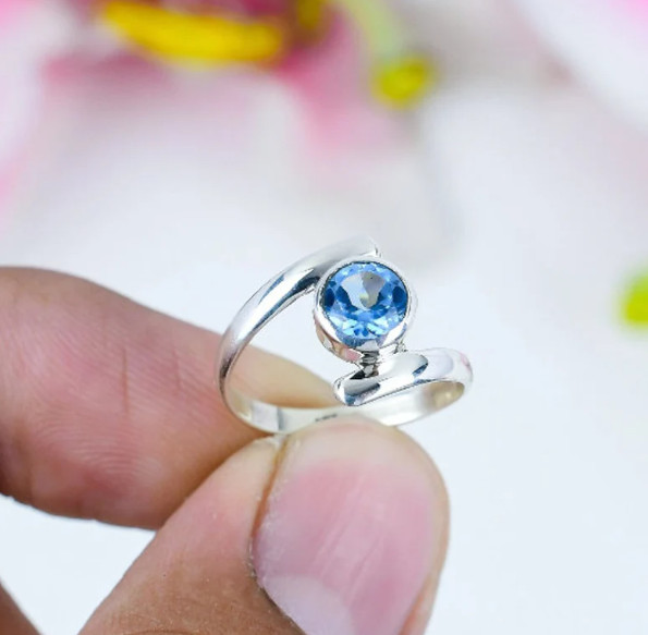 Blue Topaz Women Ring Solid 925 Silver Ring Handmade Fidget Ring All Size SR133