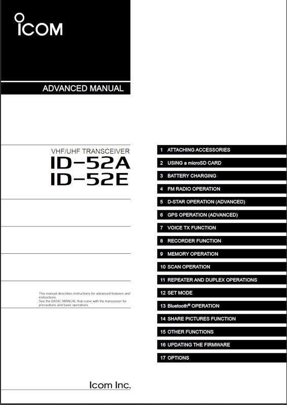 ICOM ID-52A / ID-52E 263 PAGE ADVANCED INSTRUCTION MANUAL - 32LB BRIGHT PAPER