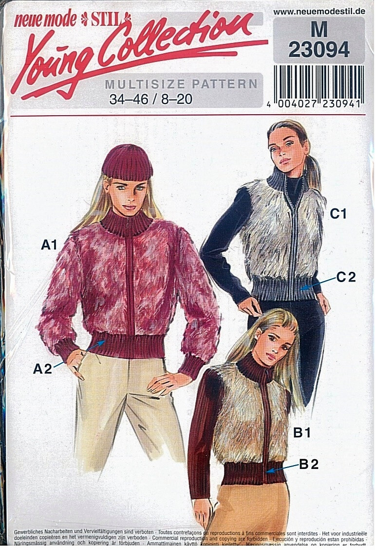 Neue Mode Stil 23094 Jacket Fitted Faux Fur Ribbed Waist Collar Pattern Misses