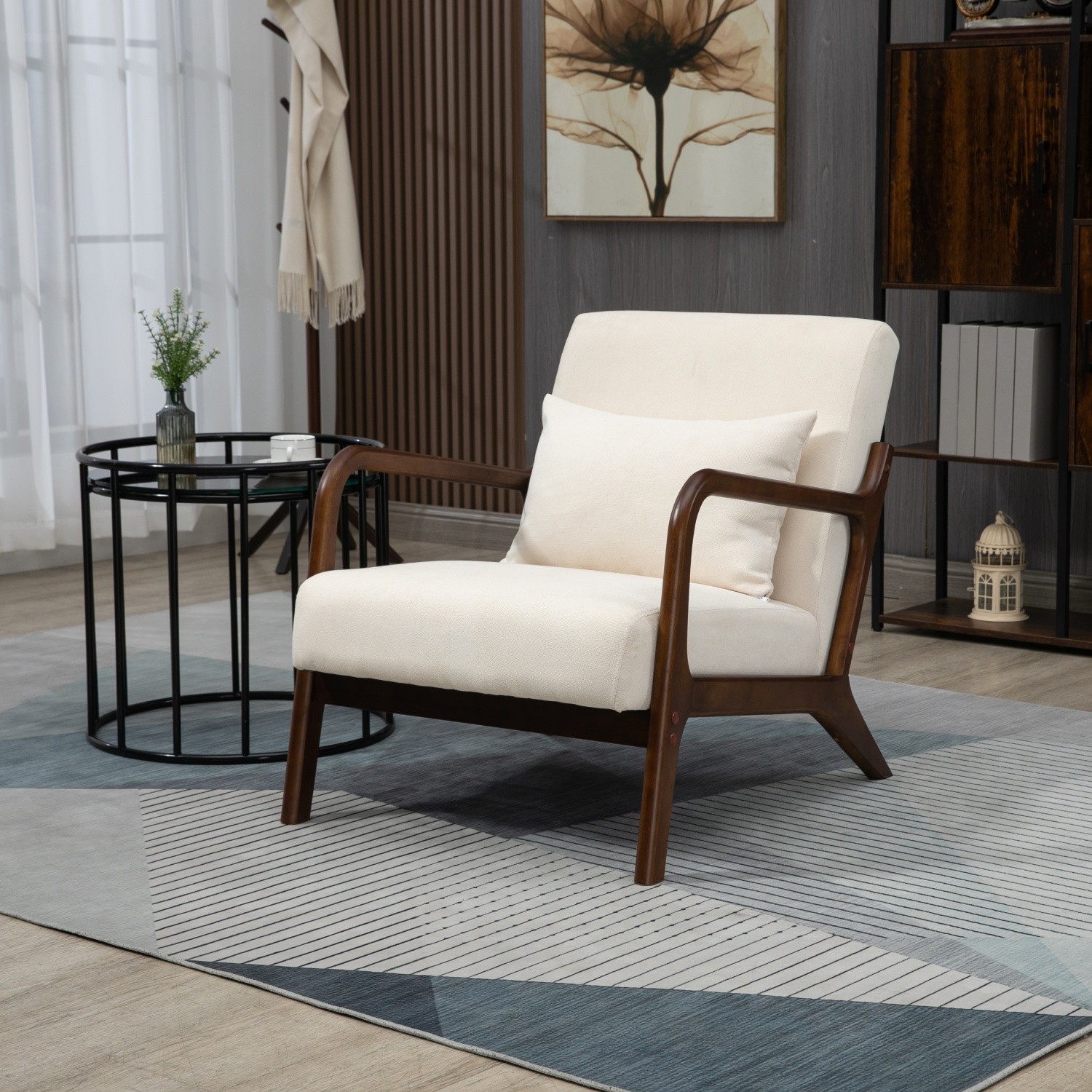 Modern Accent Chair Cotton Linen Upholstered Armchair w/ Wood Frame White/Blue