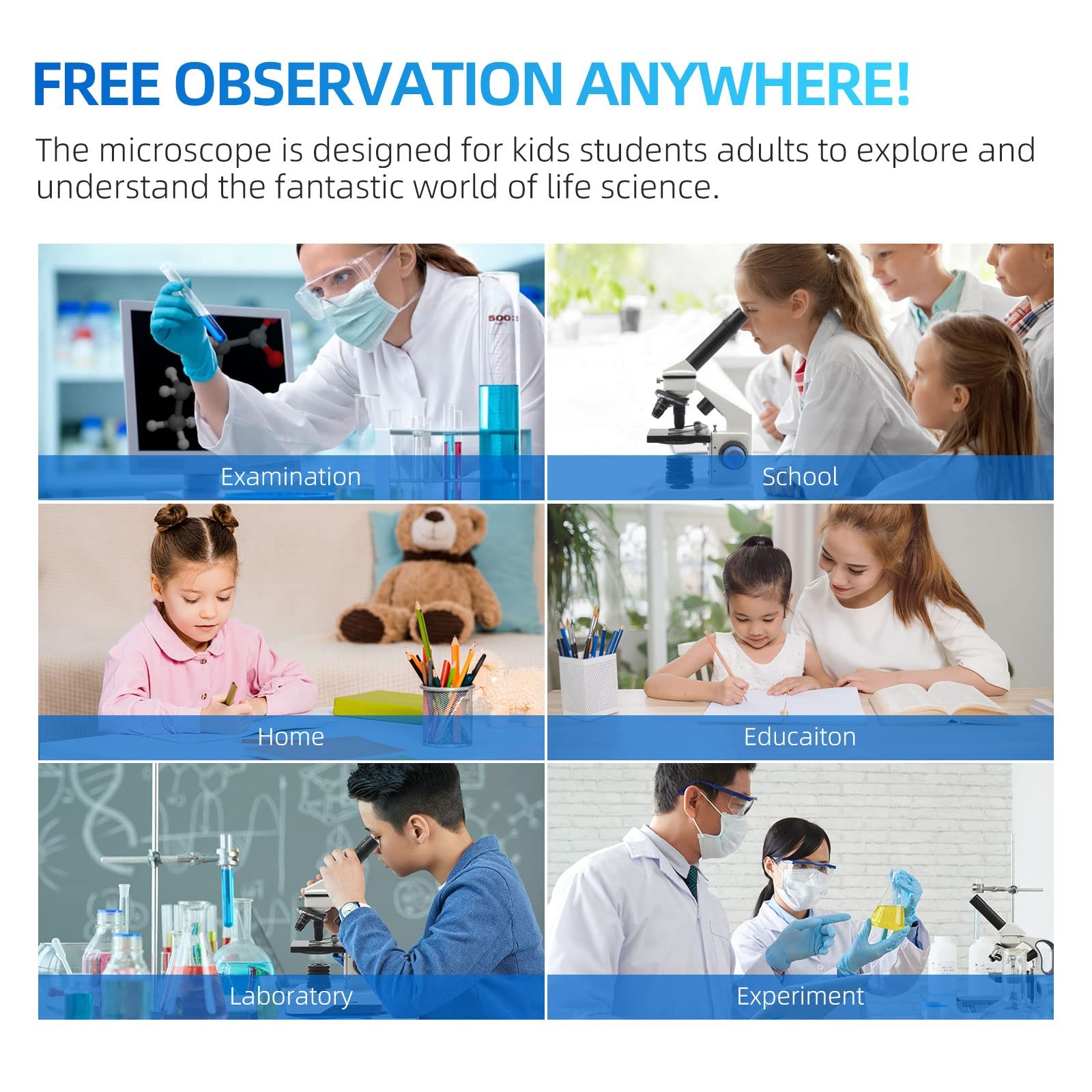 Microscope for Adults 80X-2000X Compound Monocular Kit