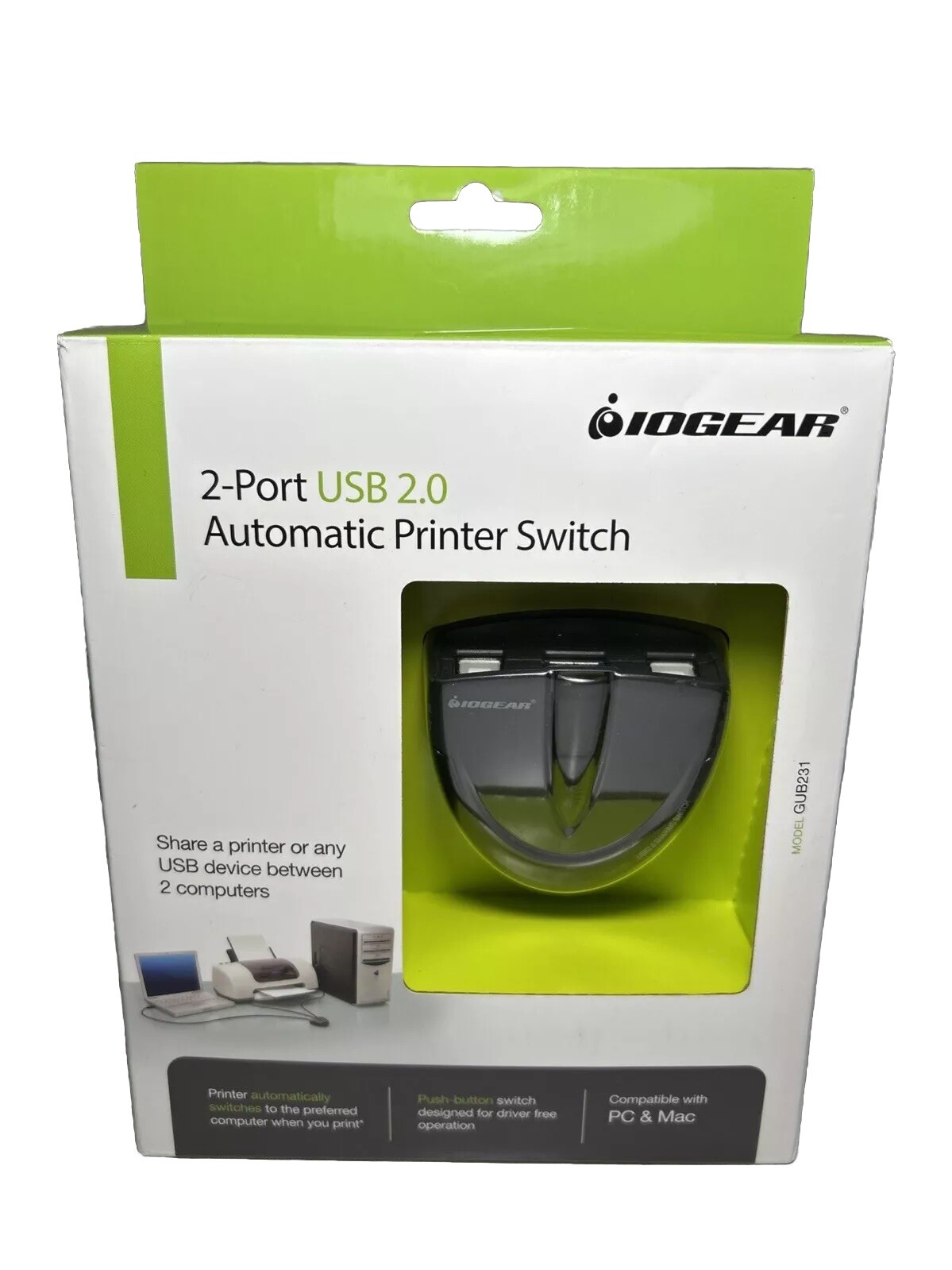 IOGEAR 2-Port USB 2.0 Automatic Printer Switch Model GUB231 - PC/MAC Compatible