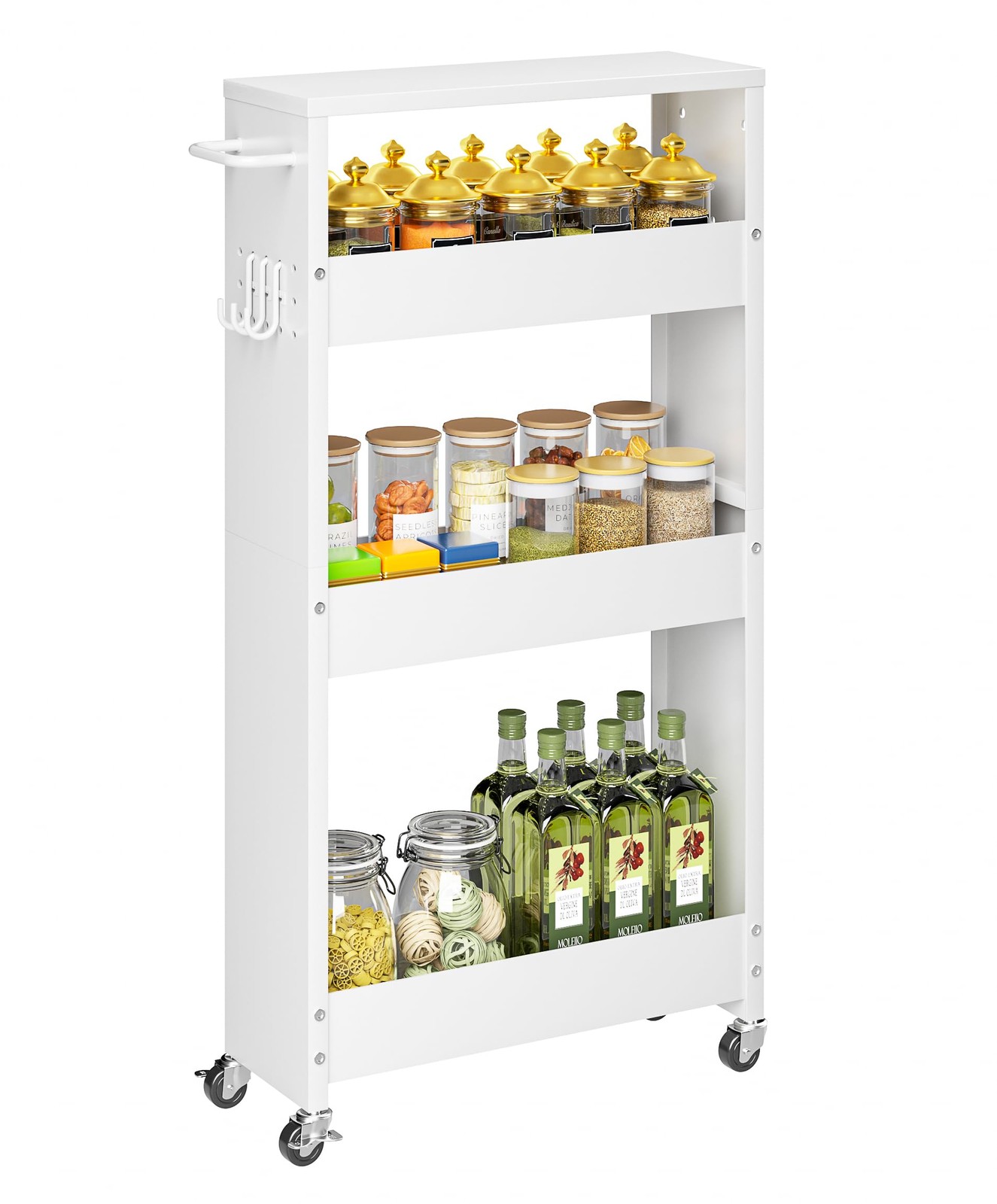 4 Tier Rolling Kitchen Storage Cart 5.9in Width White Carts Slim Wheels Small