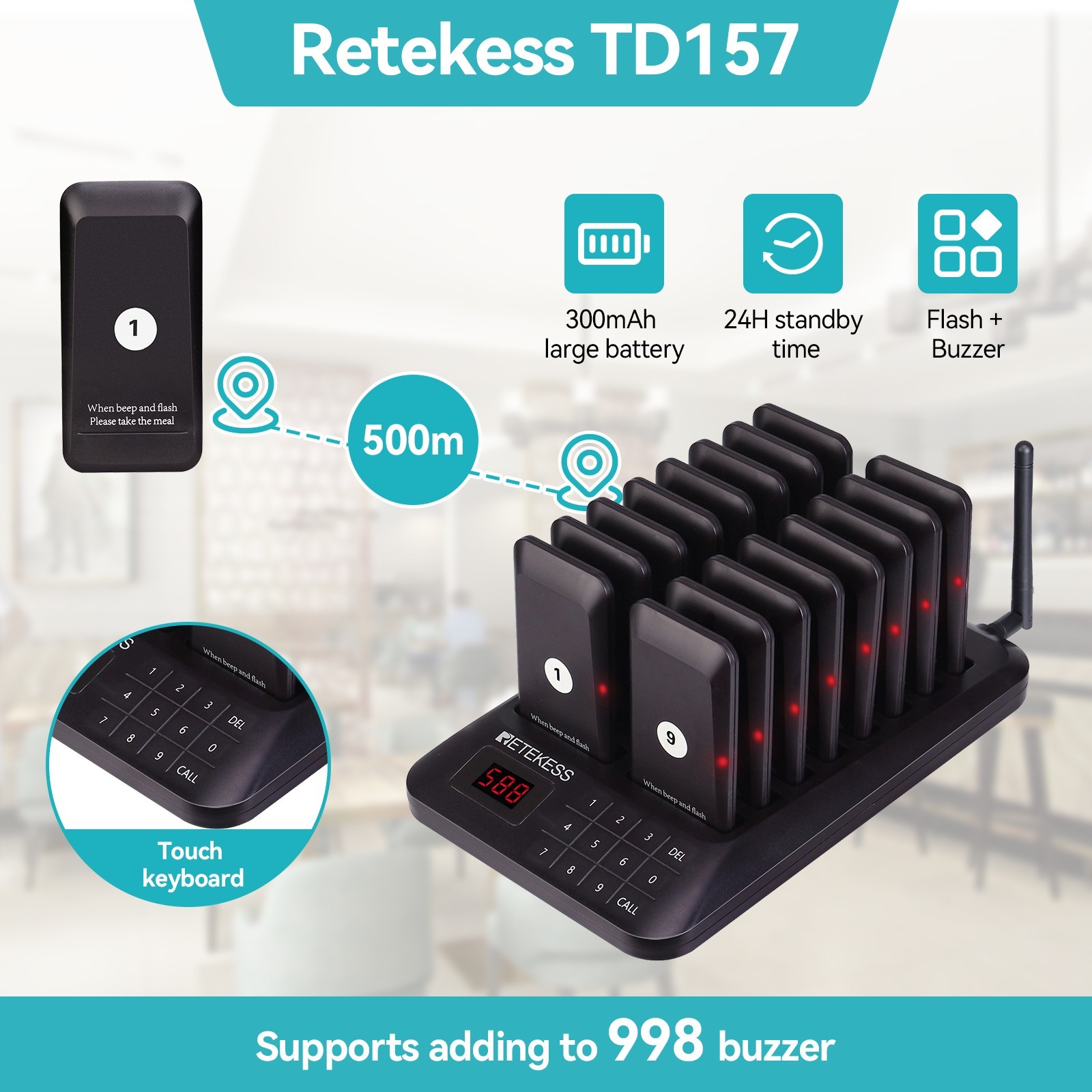 TD157 Restaurant Pager System 16 Buzzers Long Range 500m For Restaurant Cafe