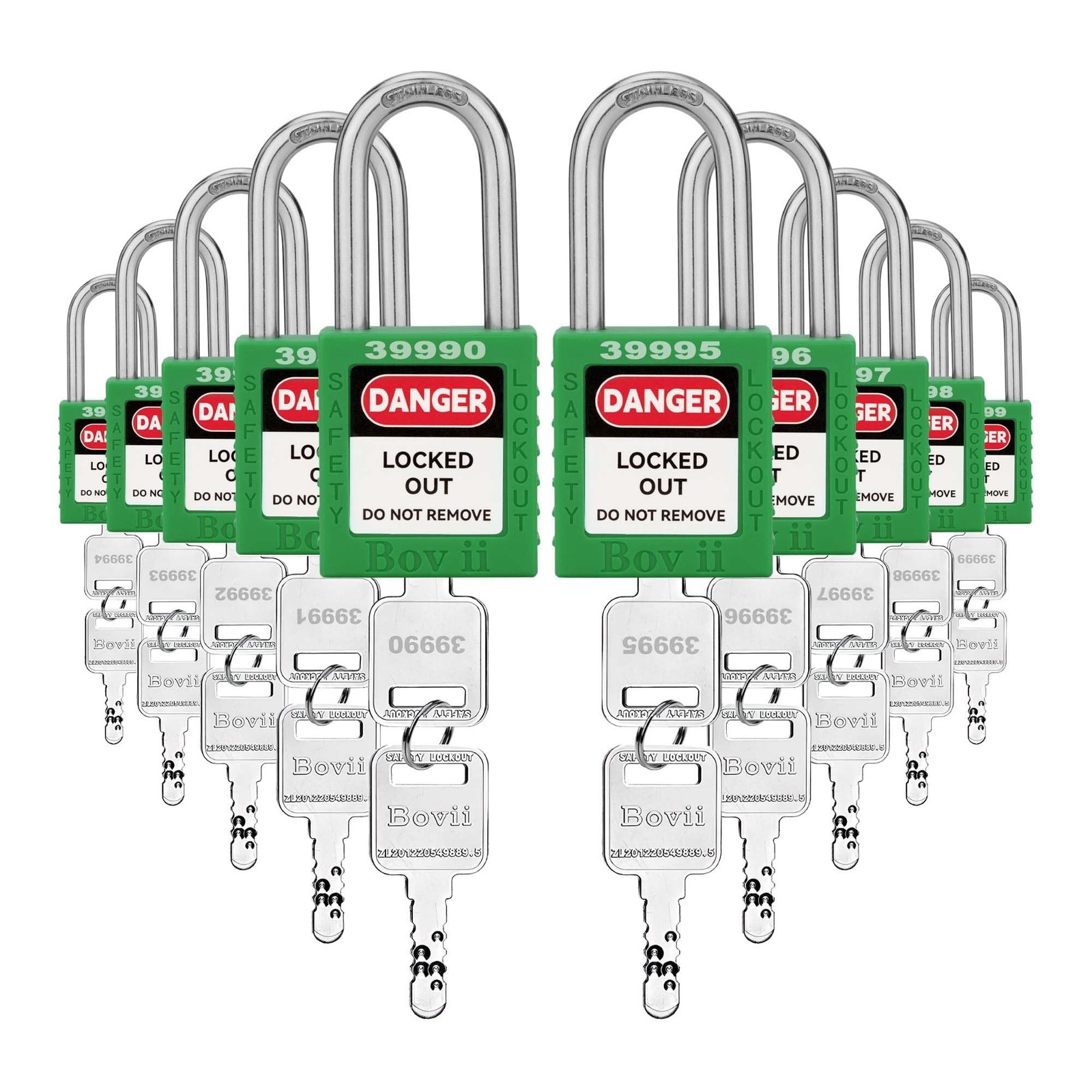 Loto Locks, 10 Pack Green Keyed Different Lockout Tagout Padlocks | Anti-Corr...