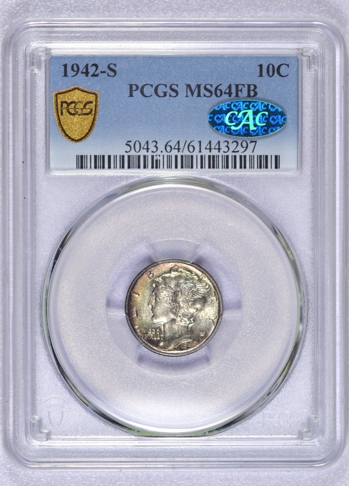 1942-S MERCURY DIME PCGS MS64 FB CAC NICELY TONED CHOICE BU