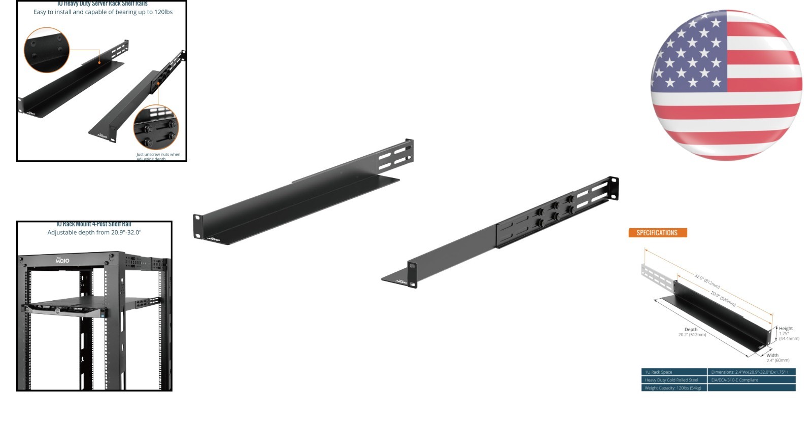 1U Alloy Steel Rack Mount Rails with Adjustable Depth for Server Equipment