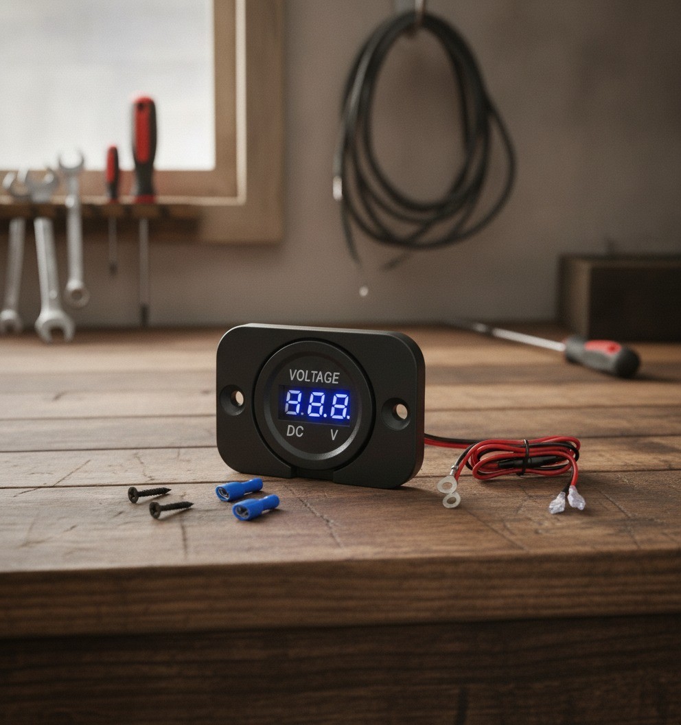 Waterproof Digital Voltmeter, 12V 24V DC, 3-Digit LED Display, Blue Light