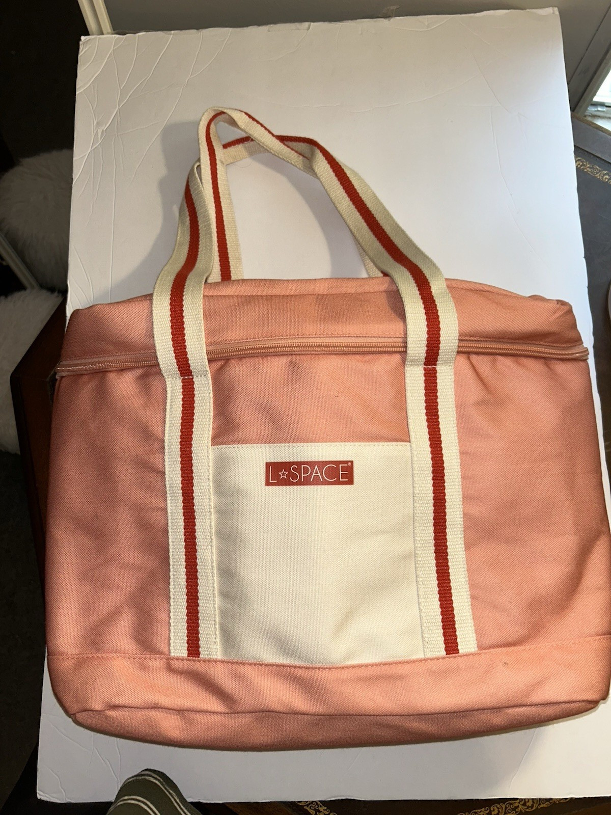 L*SPACE Pink/White Stripe Insulated Cooler Tote Bag 12 qt w/ Shoulder Strap