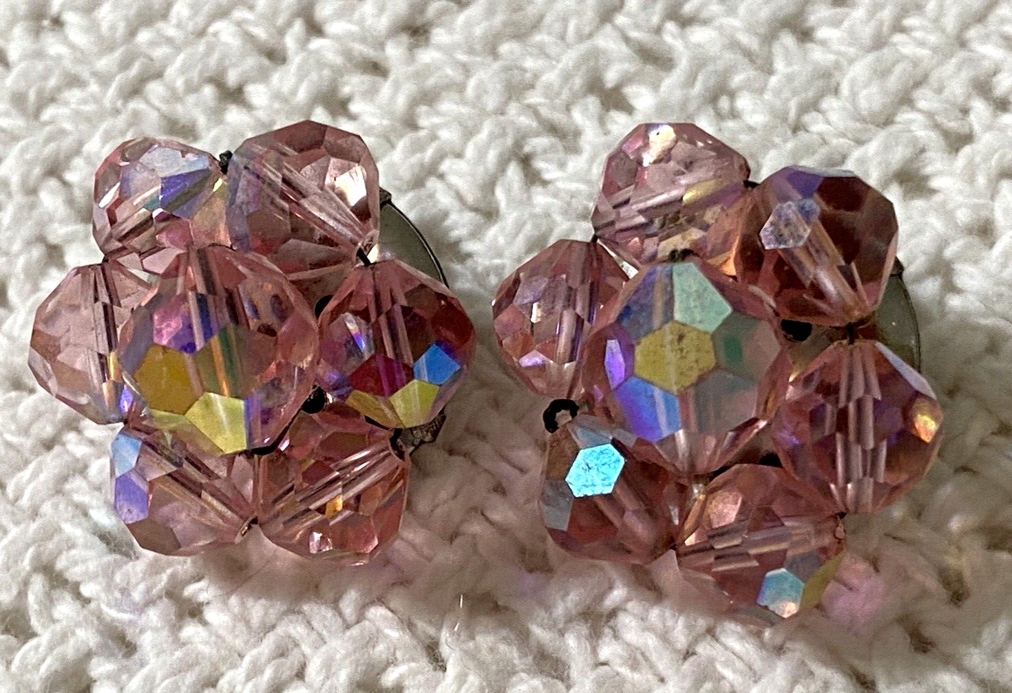 Vintage Pink Aurora Borealis Bead Cluster Earrings