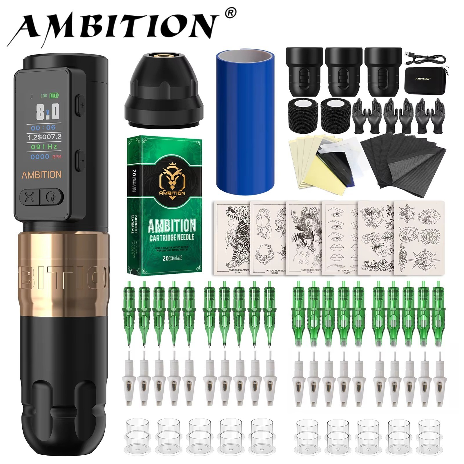 Ambition Soldier Max Kit Coreless Motor Wireless Tattoo Machine Stroke 4.0mm Set