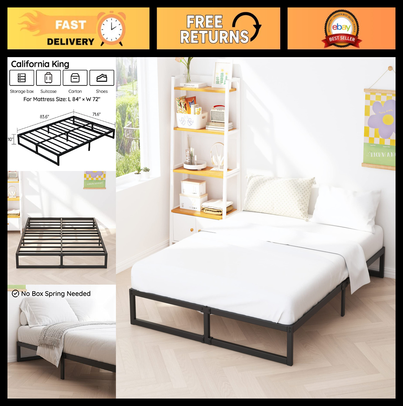 10" Cal King Bed Frame Heavy Duty Metal Platform, Steel Slat Support, Easy Assem