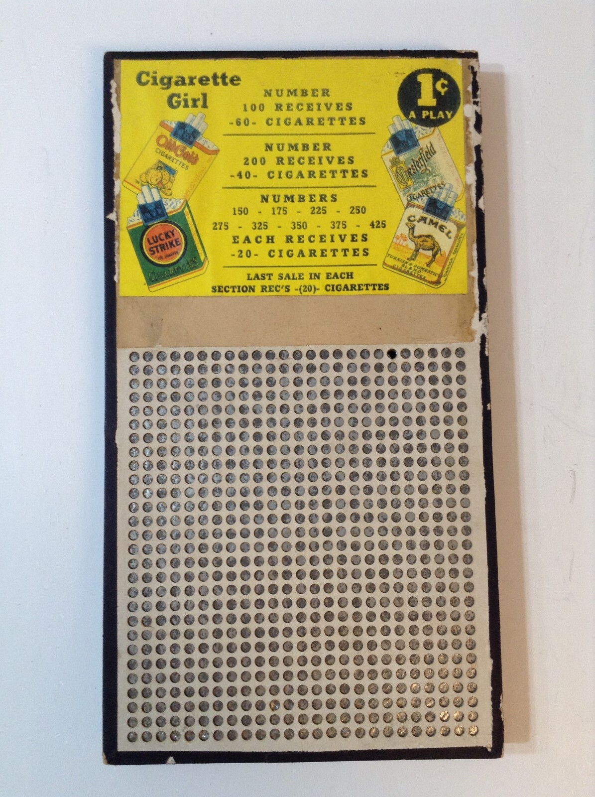 Cigarette Girl punch board vintage advertising Brewer & Sons Chicago Camel Lucky