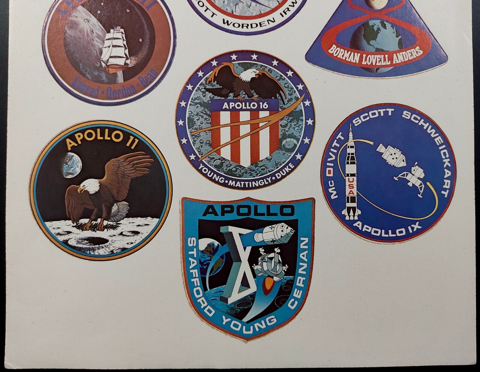 Apollo 7 thru Apollo 16 Space Mission emblems permanent decals 8 x 10 sheet!