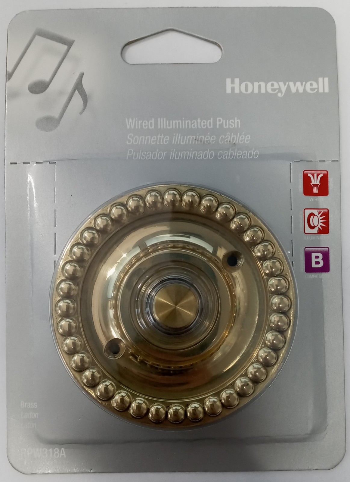Honeywell RPW318A  Wired Illuminated Brass Door Bell Push Button