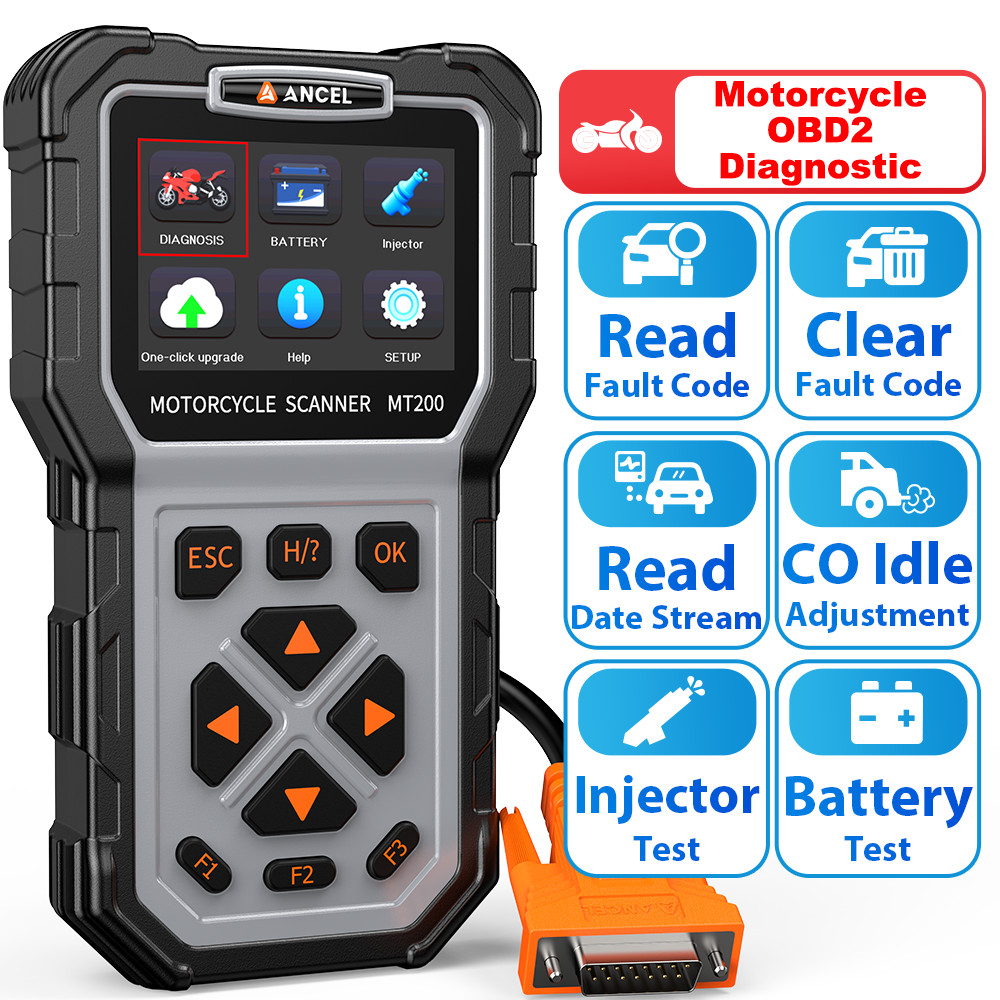ANCEL MT200 OBD2 Motorcycle Scanner Full System Diagnostic Tool Battery Injector