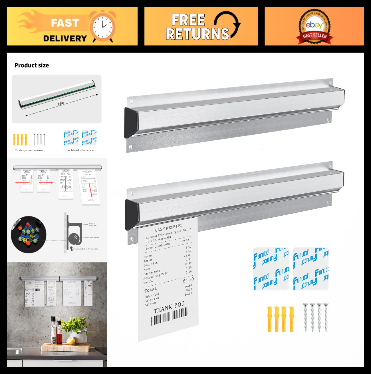 Restaurant Ticket Holder Check Rack - 16" Order Receipt Rail Display for Kitchen