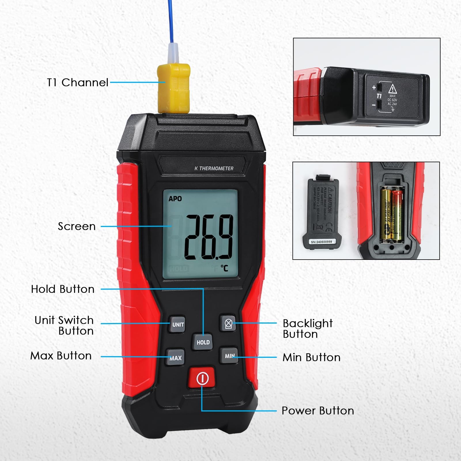 Digital Type K Thermocouple Thermometer HVAC Temperature Clamp Meter,...