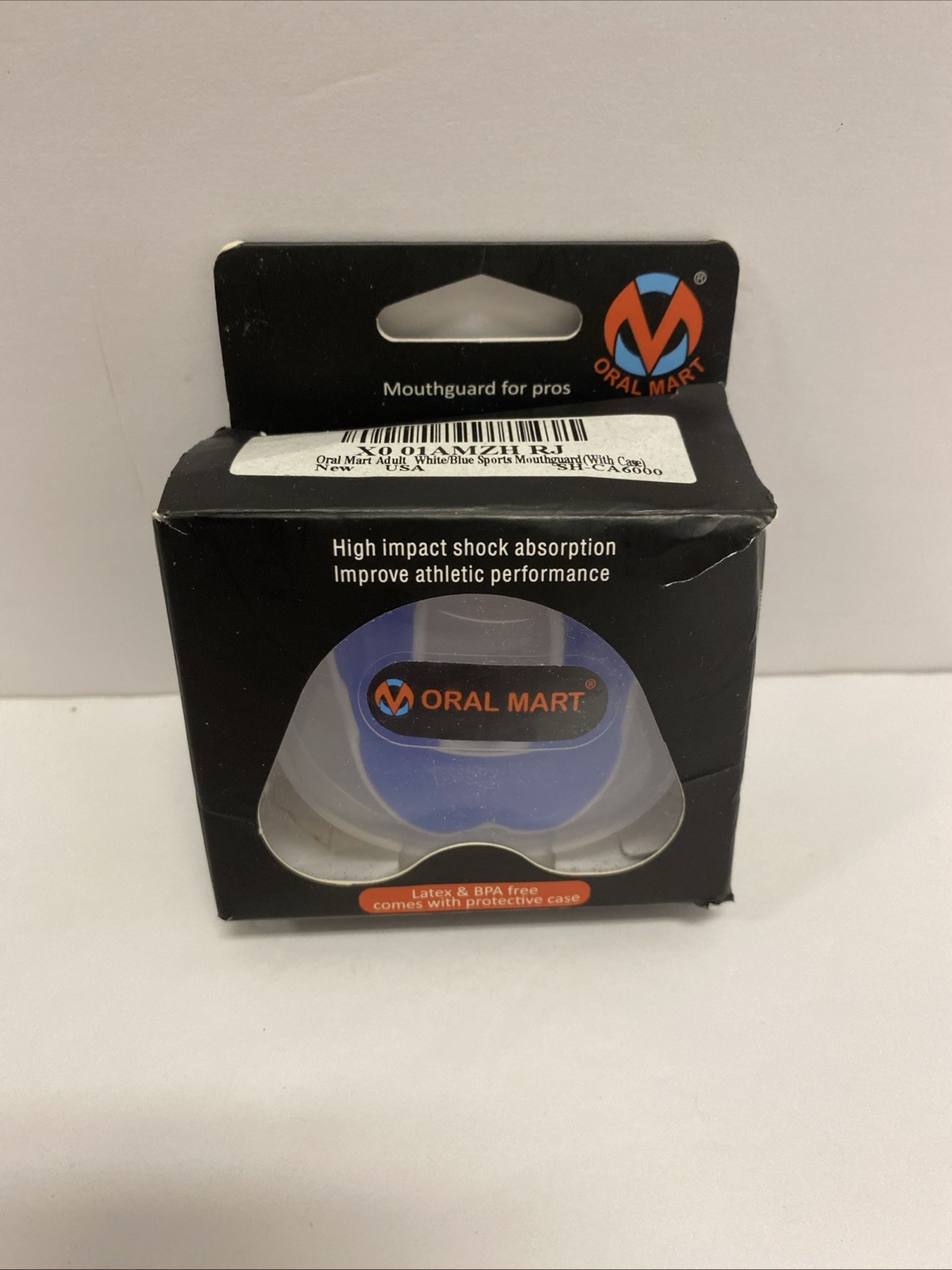 Oral Mart Adult Mouth Guard - 100% Fit - White/Blue - With Case - New