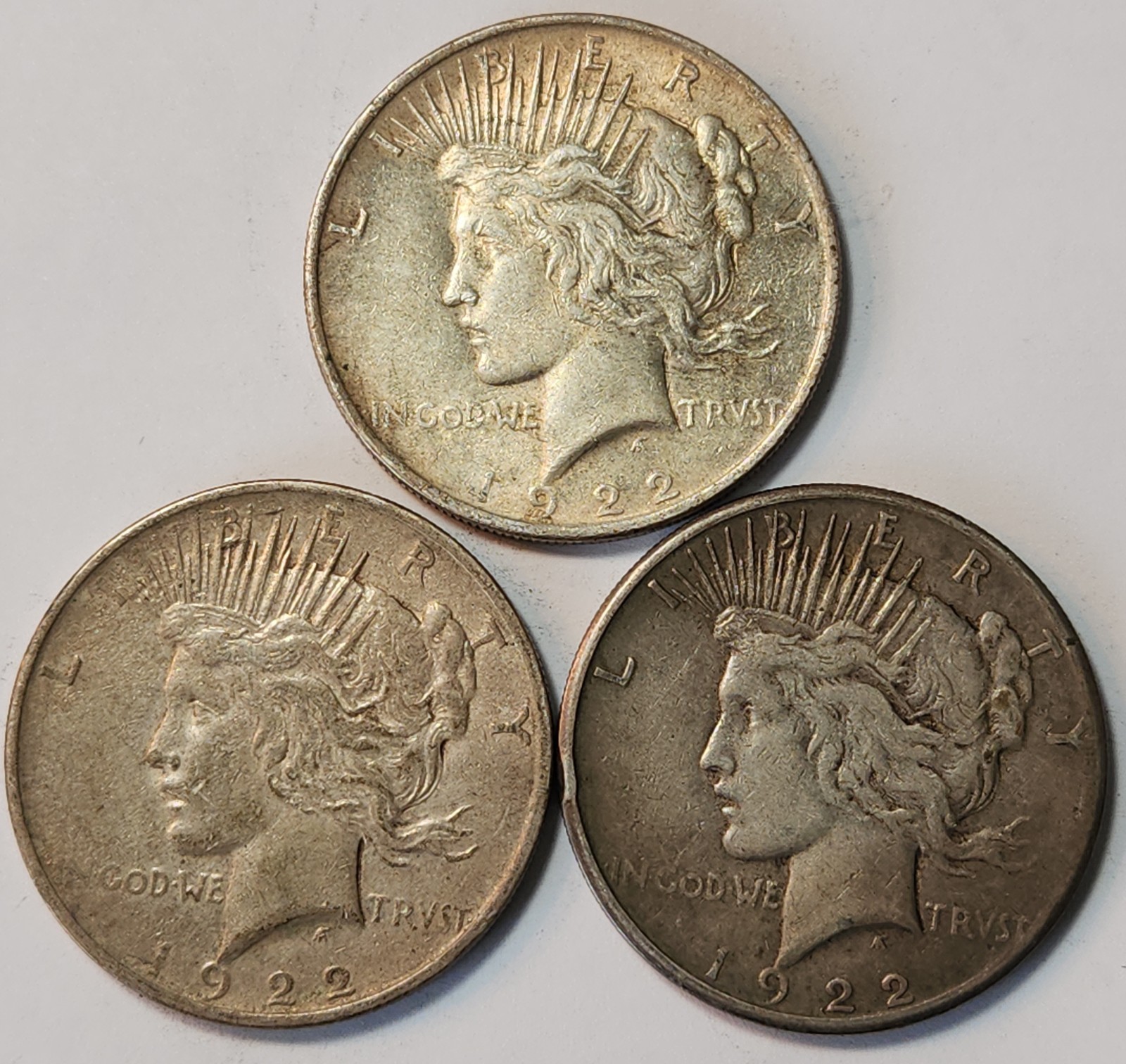 1922 PDS Silver Dollar Lot, 3 Coins, 90% Silver, Perfect For Coin Albums, P-ACE5
