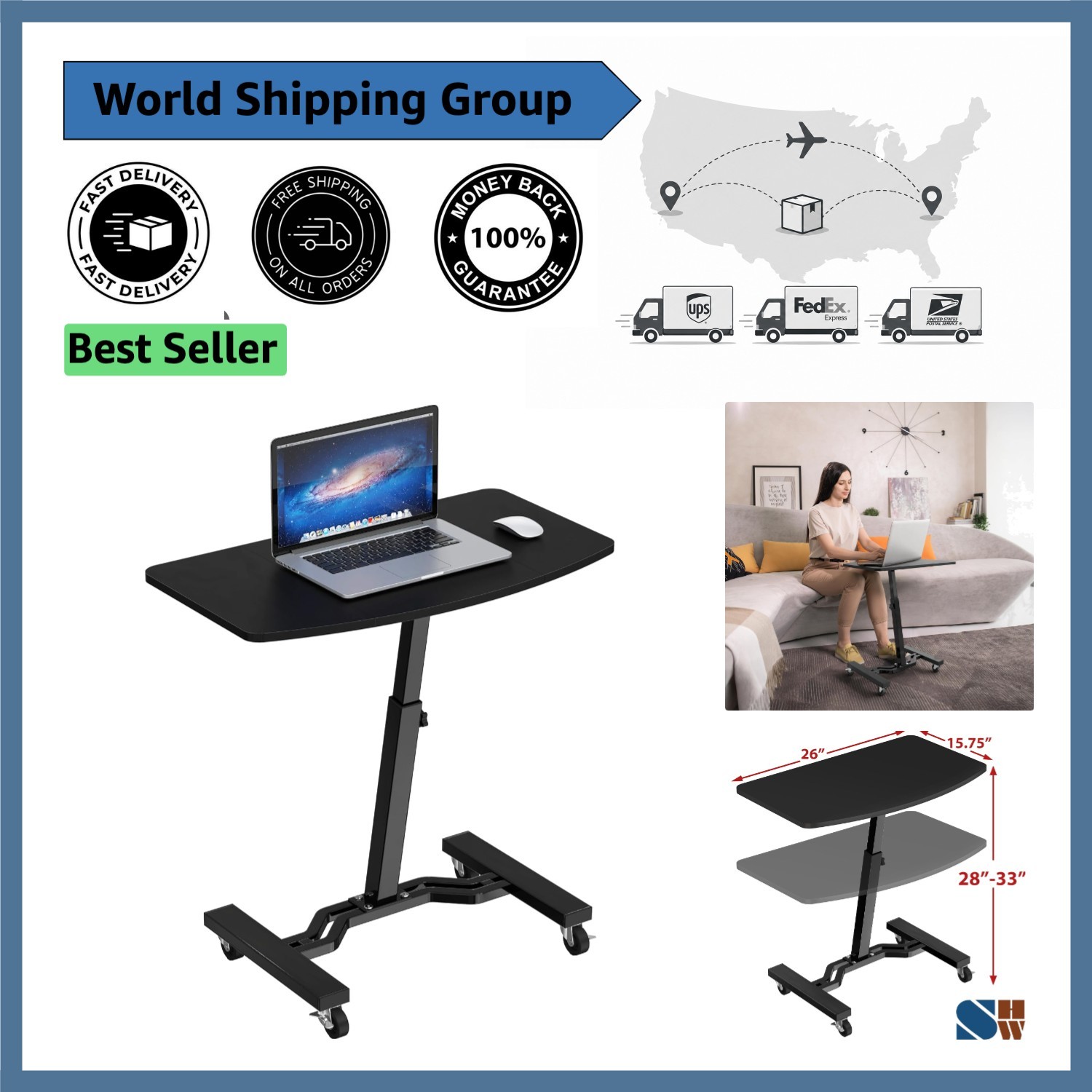 Versatile Mobile Laptop Cart - Adjustable Height from 28'' to 33'' in Black