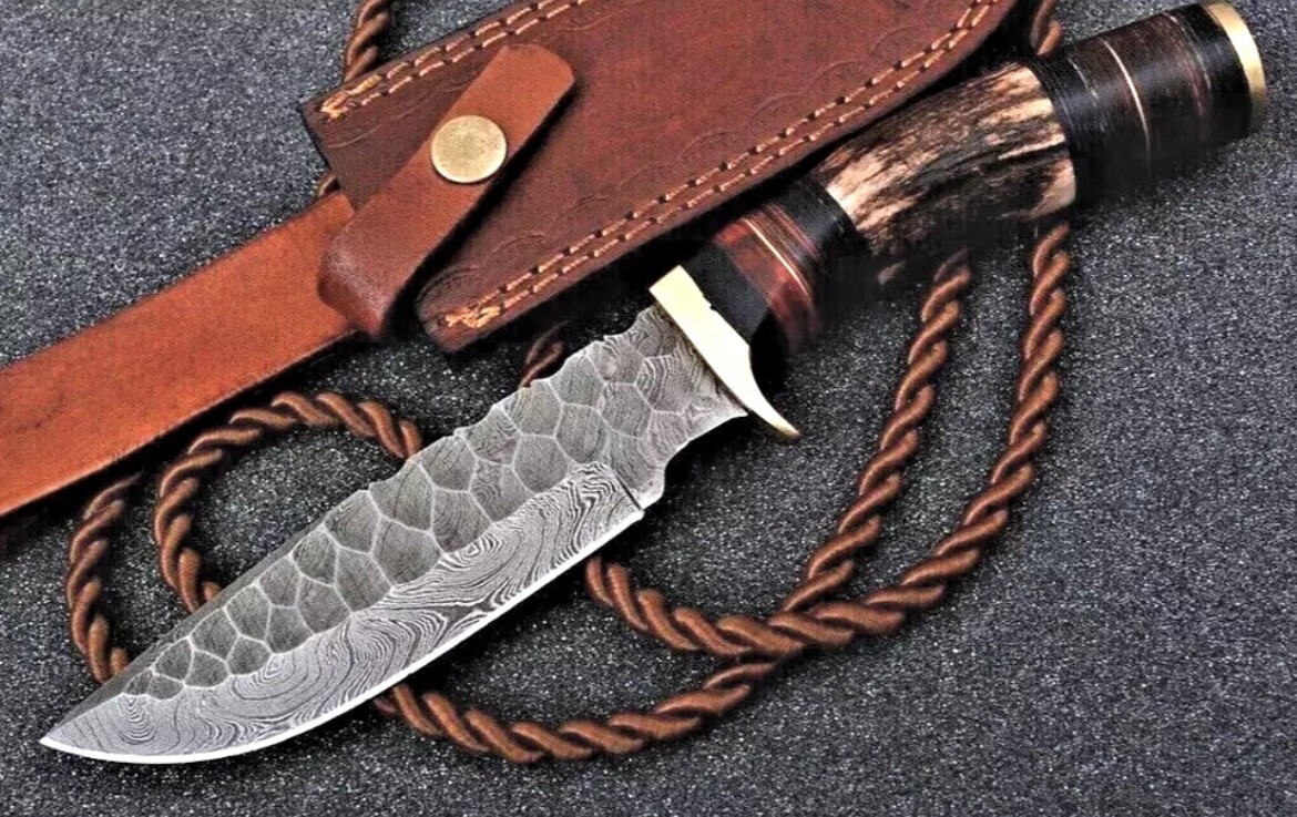 Custom Handmade 10" Damascus Steel Fixed Blade Knife Original Stag Antler Handle