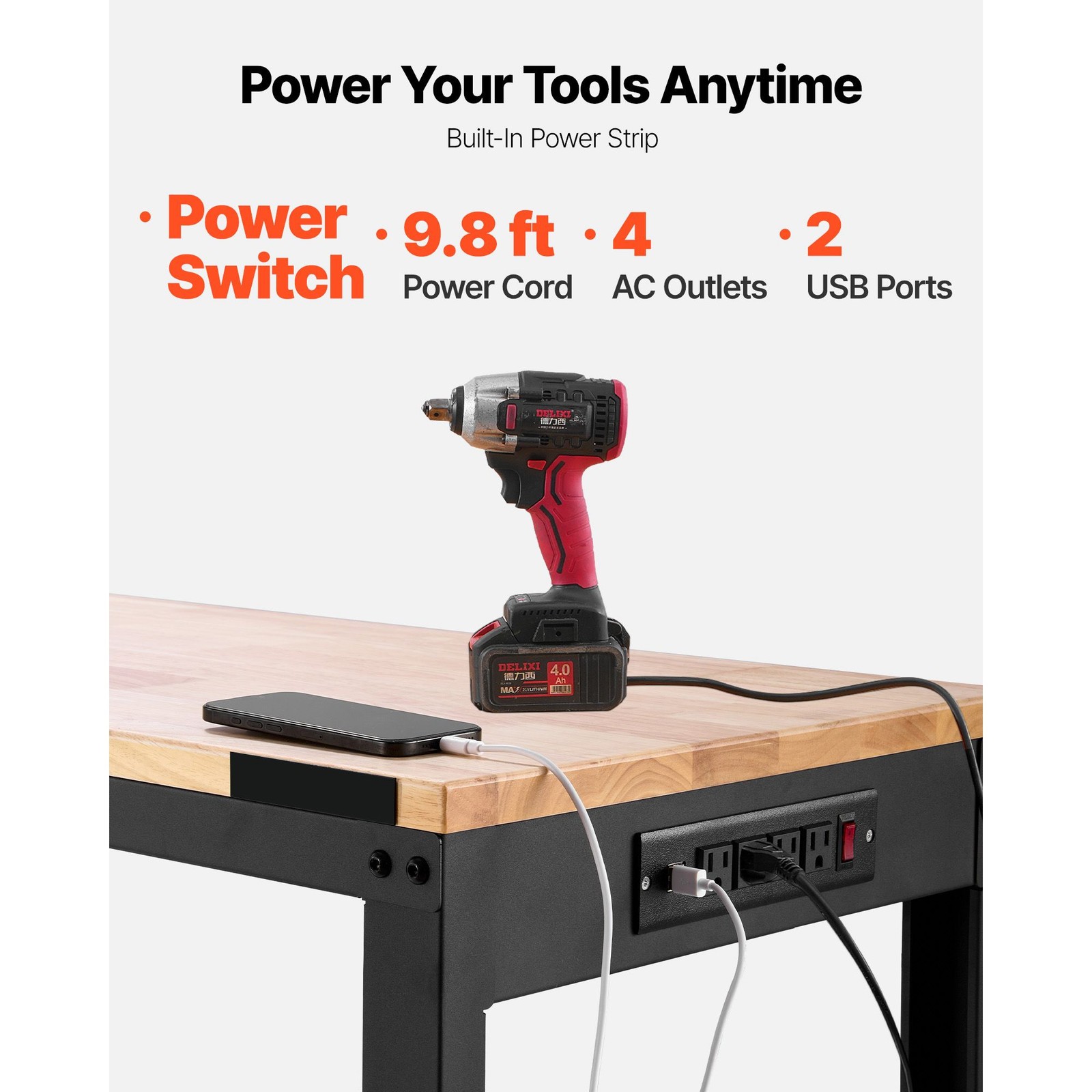 48x20in Adjustable Workbench 2000lb Cap with Power Outlets