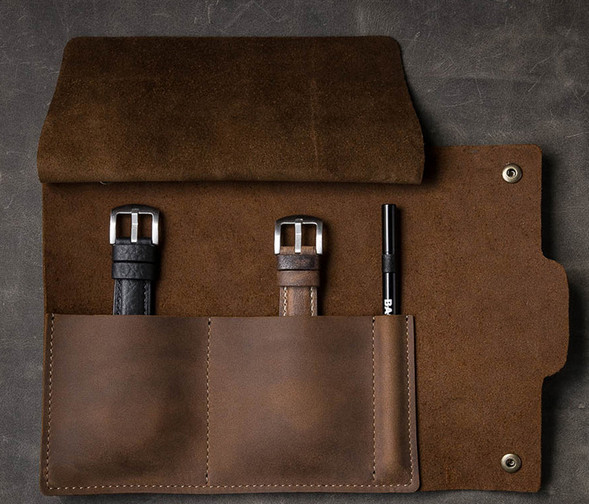 wrist watch Bag pen pencil holder Cow Leather storage case Pouch brown H363