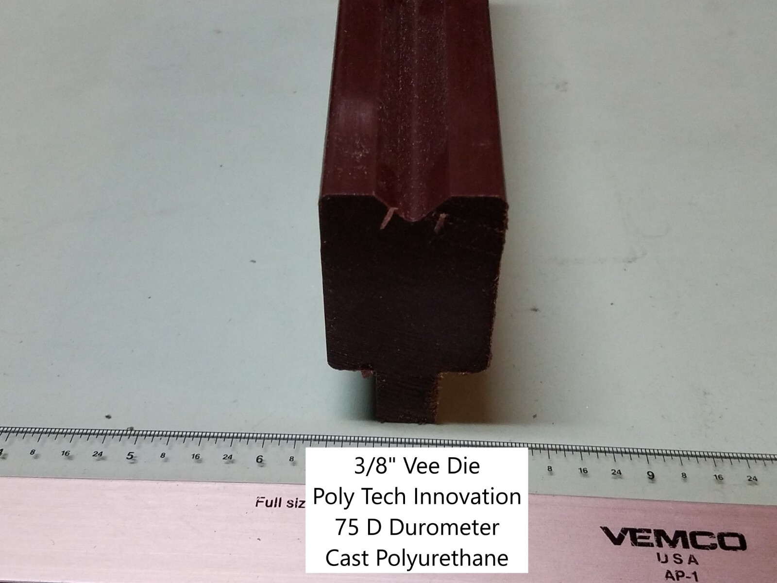 3/8" x 48" Long, Vee, 90 Degree, Polyurethane Press Brake Die, 75 D Durometer
