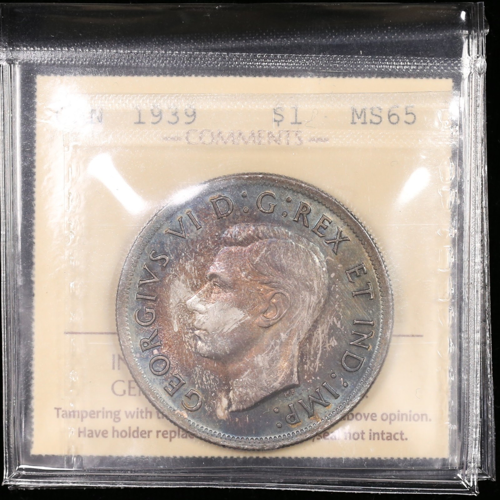 1939 $1 Toner ICCS MS65 Canada Silver Dollar Beautiful Original Lustorus Toning