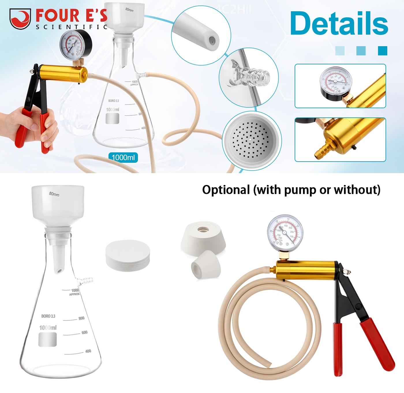 1000ml Lab Buchner Funnel Vacuum Filtering flask kit Hand Pump Vacuum Optional