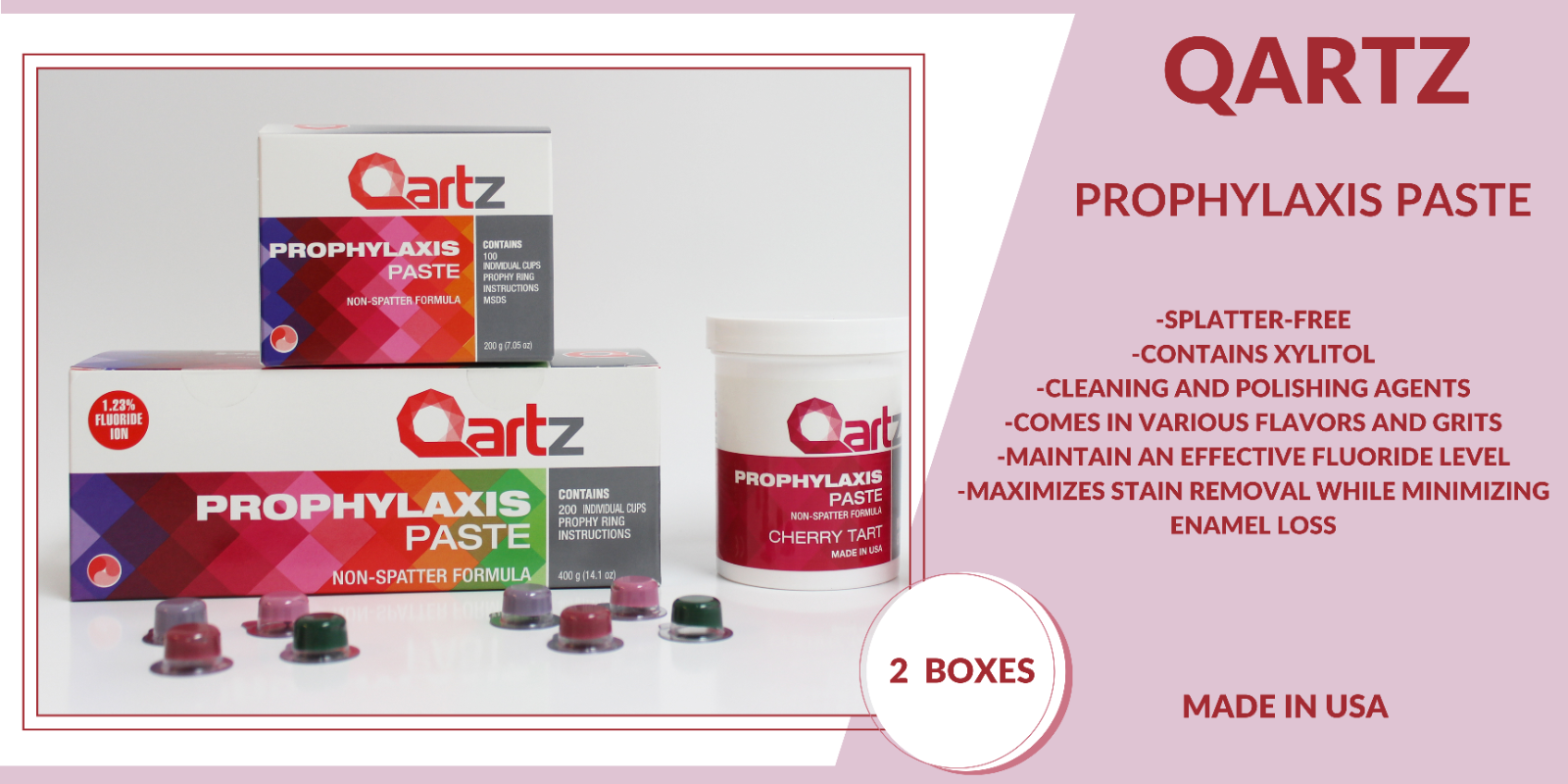 QARTZ PROPHY PASTE CUPS CHERRY MEDIUM 200/BOX DENTAL W/FLOURIDE - 2 BOXES