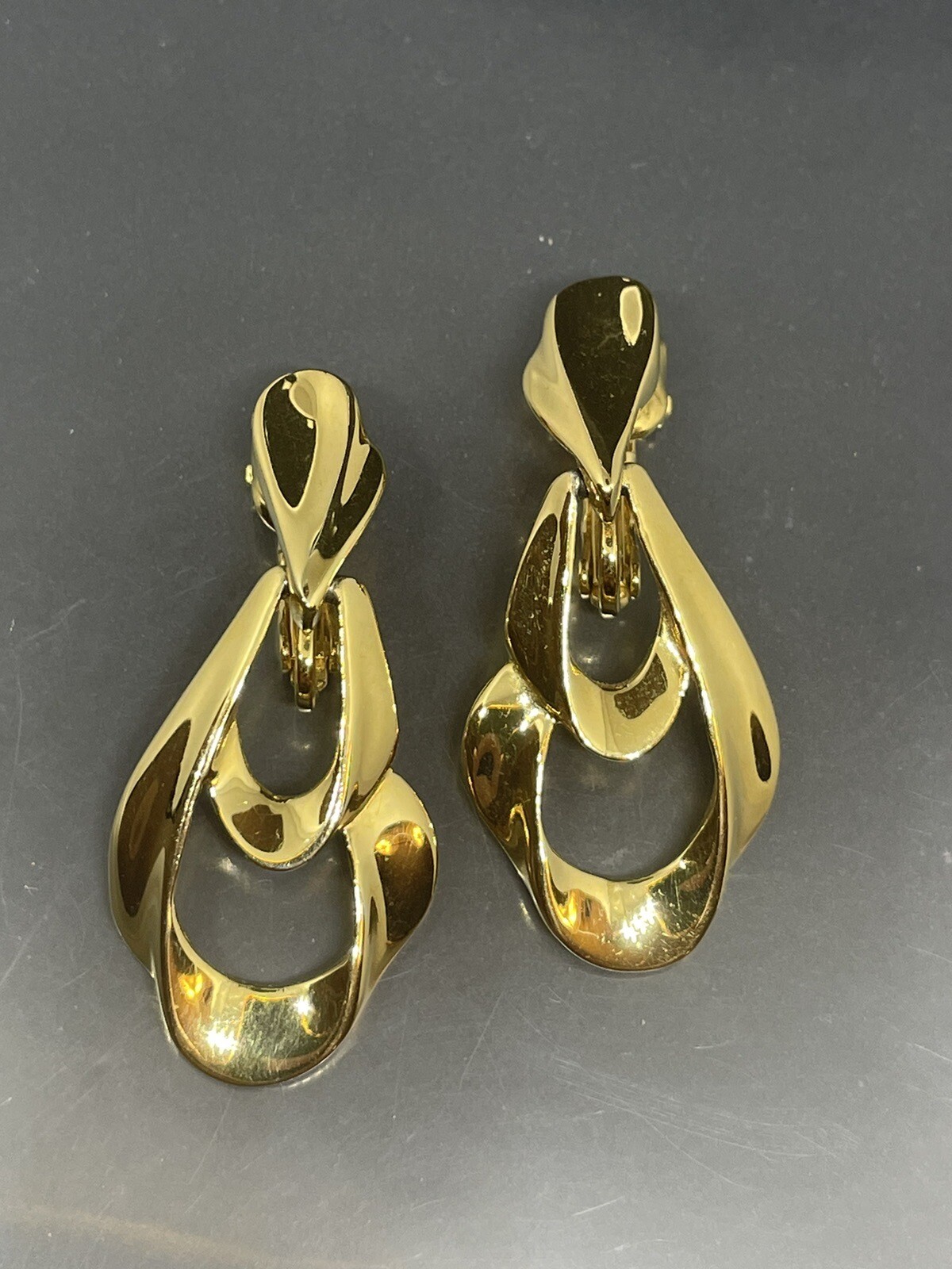 Vintage Signed Trifari Shiny GoldTone Clip On Dangle 1.75” Classy Earrings