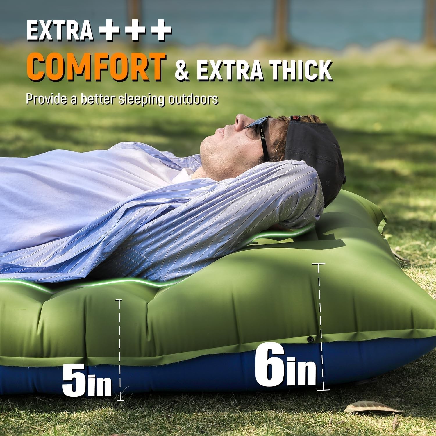 Ultralight 5 Inch Camping Sleeping Pad with Built-In Pillow & Pump Green